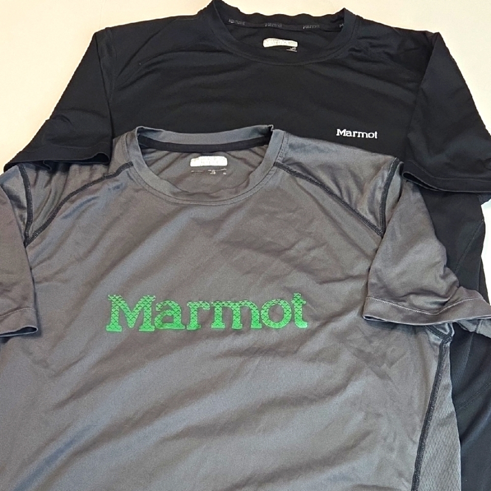 Lot Of 2 Marmot Black and Gray Short Sleeve Tees Performance Material Mens L